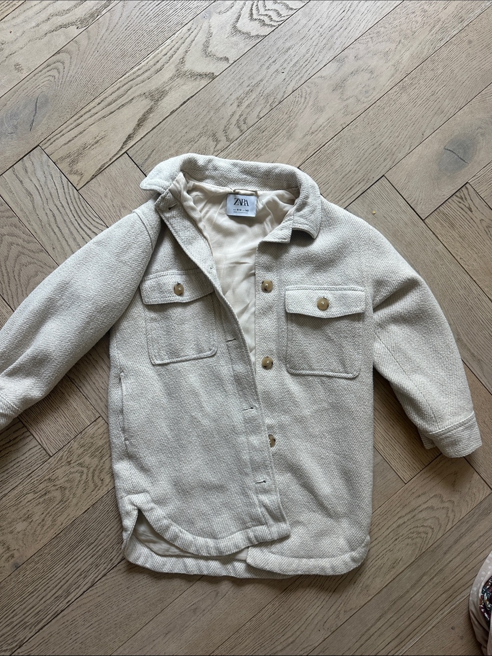 Zara Kids Cream Button-Down Shacket with Front Pockets